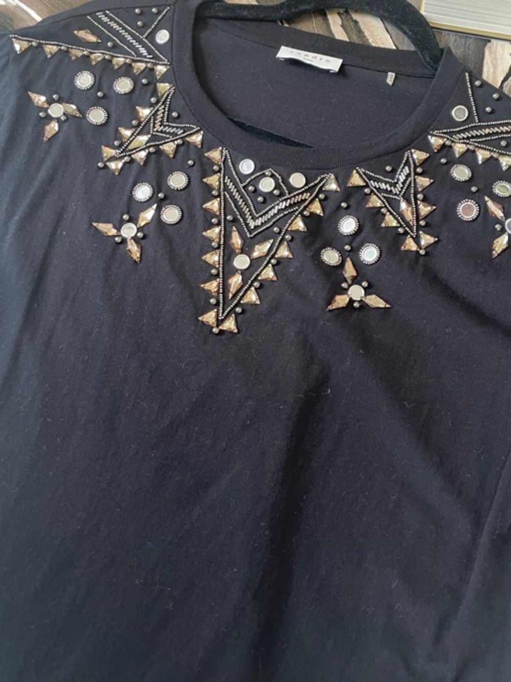 Sandro Pros Black Embellished Short-Sleeve Tee with Bead & Stud Detail